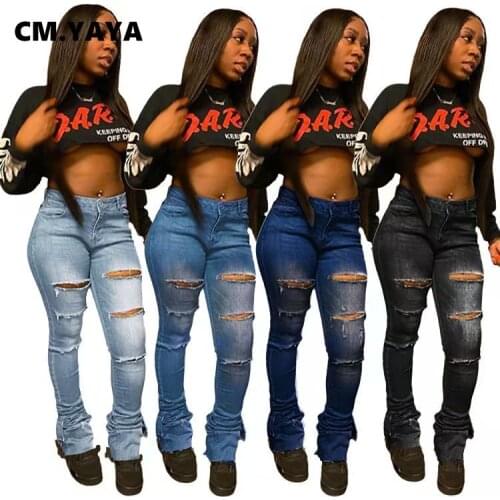 CM.YAYA Mid Waist Hole Comfortable Vintage Jeans Women Cowboy Pants Street Style Mom Jeans Pencil Pants 2021 Spring