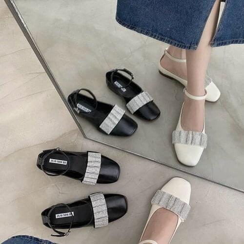 Women Closed Toe Square Heels Slip on Shoes Female Rhinestone Design Pumps Fashion Elegant Buckle Strap Sandals