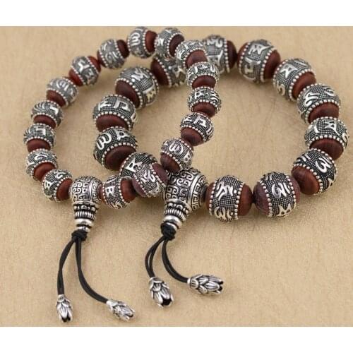 Solid 925 sterling Silver & sandalwood Buddhism Om mani padme hum bangle bracelet Lover gift A1403