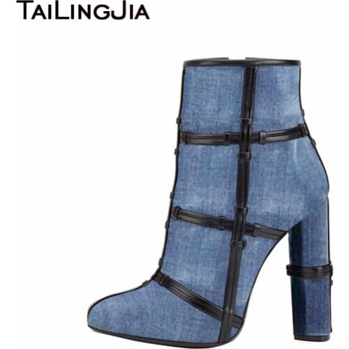 Woman Jean Blue Block High Heel Cowboy Boots Pointed Toe Female Comfortable Black Ankle Boots With Bands Ladies Winter Boots