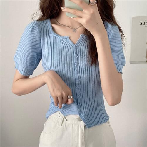 Woman TShirts Knitted Cardigan Womens Summer T-shirt Square Collar Top Puff Short Sleeve Small Shirt Crop Top Mujer Camisetas