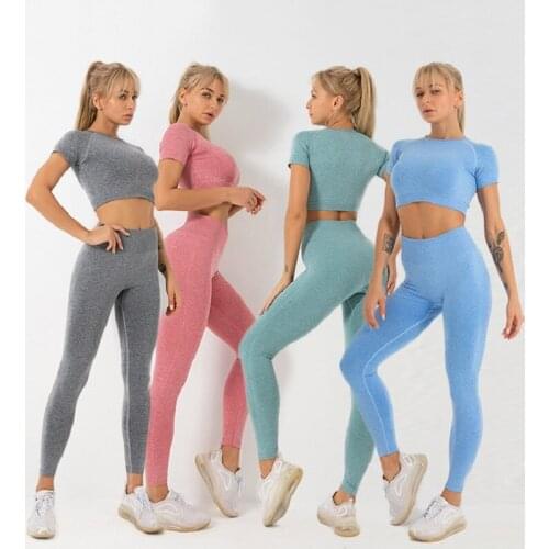 2PCS Seamless Women Yoga Set Gym Clothes Athletic Wear Fitness Short Sleeve Crop Top High Waist Sport Leggings Workout Sets