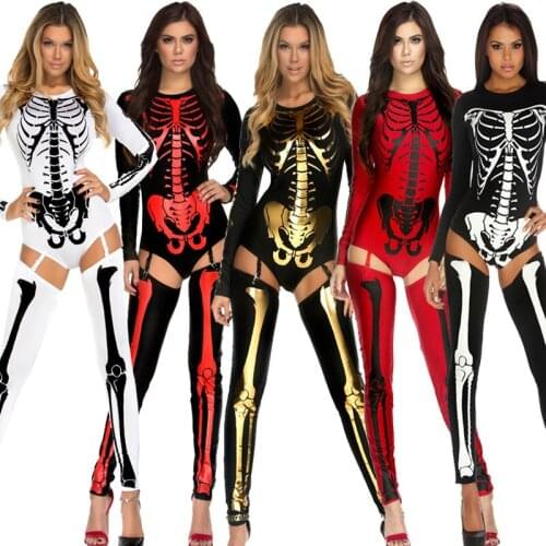 New Arrival Halloween Party Costume Scary Devil Ghost Cosplay Women Skull Skeleton Prints Leotard Catsuit Costume