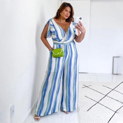 Plus Size Women Summer Work Jumpsuit Casual Fashion Tie-dye Printing Loose One Piece Romper Overalls Elegant Lady Wide-leg Pants