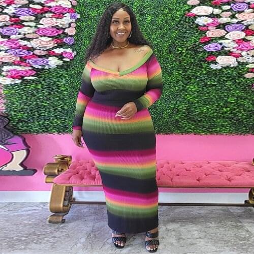 ZJFZML ZZ Women Clothing Dress Plus Size Gradient Striped Long Sleeve Cleavage Bodycon Knitted Dresses Dropshipping Wholesale