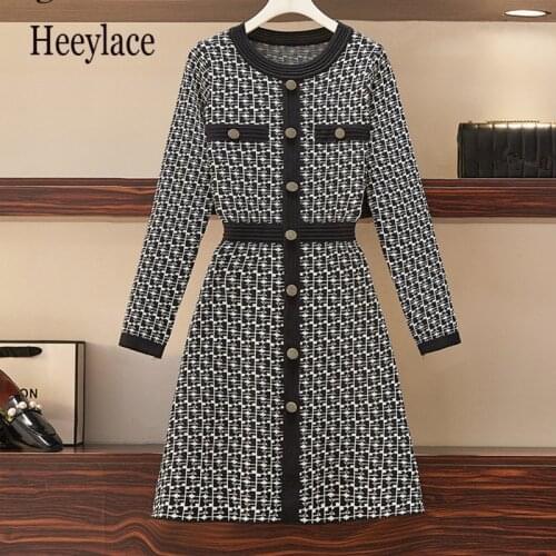Fall Winter New Houndstooth Sweater Dresses Women Vestidos O-neck Long Sleeve Single-breasted Plaid Short Knitted Dress Robes