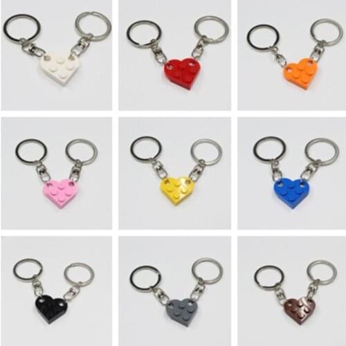 2Pcs Cute Love Heart Brick Keychain for Couples Friendship Women Men Girl Boy Lego Elements Key Ring Birthday Jewelry Gift