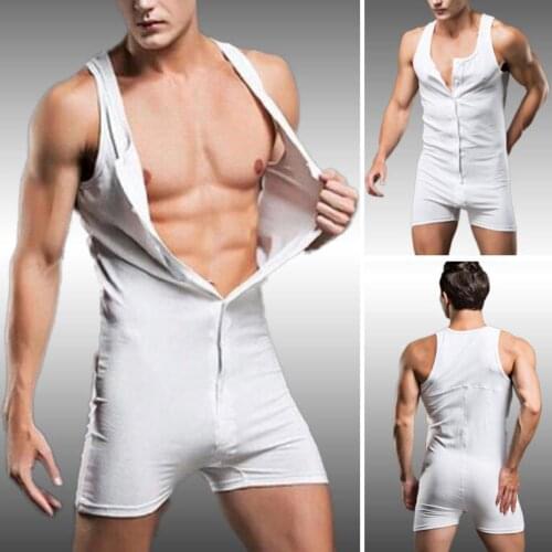 80% Hot Sales!!! Men Sexy Solid Color One-piece Vest Tank Top Buttons Shorts Jumpsuit Bodysuit