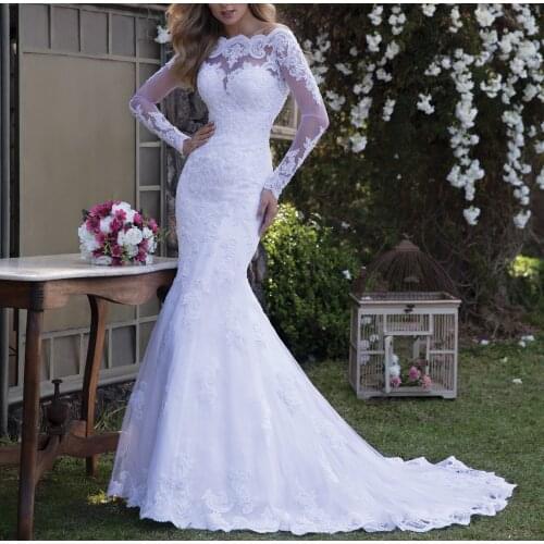 Vestido de noiva Boat Neck Long Sleeves White Wedding Dresses with Lace Appliques Wedding Gowns 2019 Gelinlik