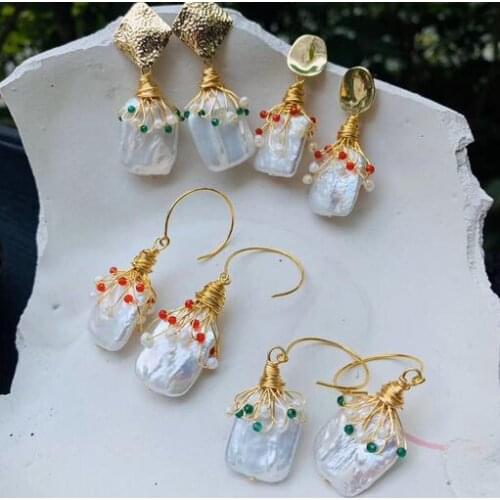 White Natural Baroque freshwater pearl Earrings Jewellery 14K Gold injection