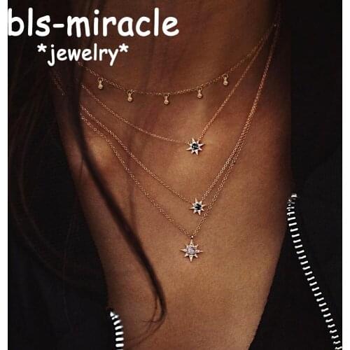Bohemia Six-pointed Star Crystal Pendant Necklace For Women Choker Minimalist Beads Chain Multi Layered Necklaces Jewelry Gift