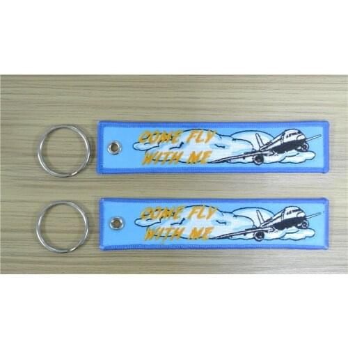Come Fly With Me Aircraft With Blue Sky Fabric Embroidery Avaition Keychain Keyring