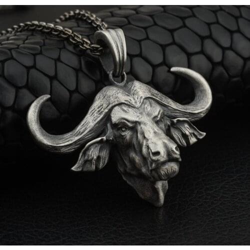 Pure Tin Mens Animal Bull Head Retro Pendant Necklace Hip Hop Ins Style Popular Tide Brand Sweater Necklace Chain Necklace