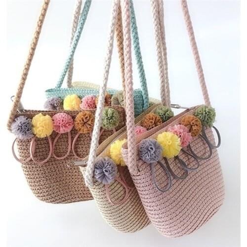 Kids Crossbody Mini Shoulder Bag Children Weaving Bag Messenger Handbags Girls Summer Straw Beach Bag Handmade Floral Rattan Bag