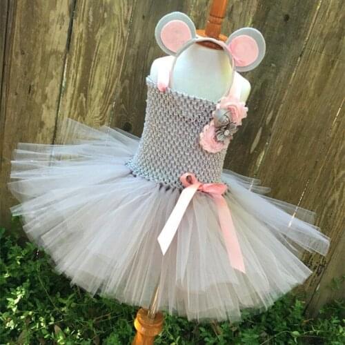 Girls Grey Crochet Tutu Dress Kids Pink Strap Tulle Dress with Flowers and Mouse Hairbow Children Party Costume Cosplay Dresses