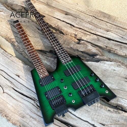 Double neck Headless Electric guitar with Flamed Maple top, Green burst color 6 string Guitar + 4 string Bass Combo