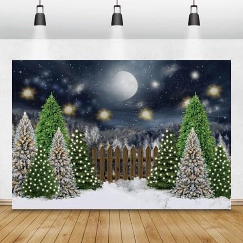Laeacco Winter Christmas Photo Backdrop Night Scene Snow Tree Moon Star Fence New Year Party Photography Background Photo Studio