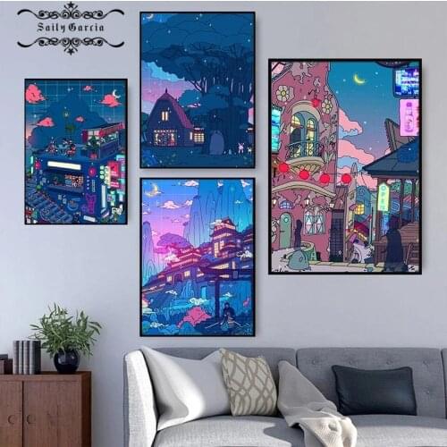 Cartoon Japanese Anime Canvas Pictures Night View Street Print Poster Interior Painting for Bedroom Dormitory Home Decoration