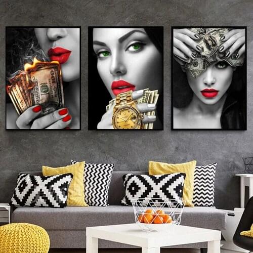 Sexy Woman with Red Lips Holding Dollar Bills Art Modern Canvas Painting Portrait Poster Wall Art Home Decor Painting Cuadros
