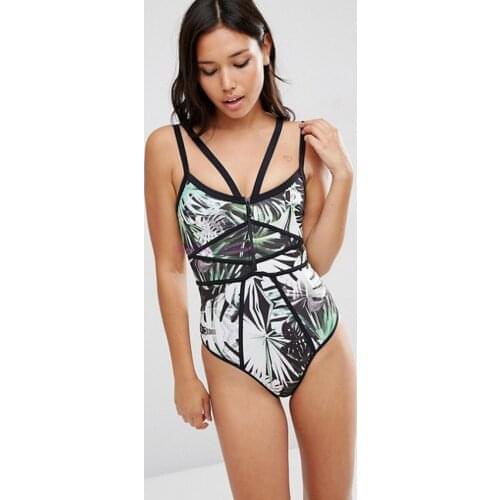 By dhl 100pcs new Tropical Print Piping Swimsuit Women Swimwear Green Leaf Bodysuit Beach Bathing Suit Swim Monokini