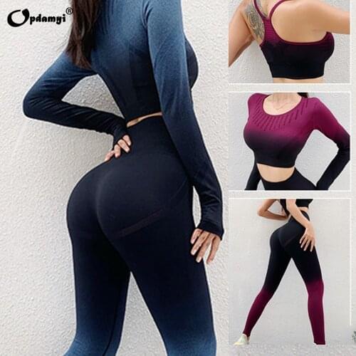 2021 Ombre Women Yoga Set Workout Long Sleeve Crop Top Sports Bra Seamless Leggings Gym Clothing Fitness Sportswear Sports Suits