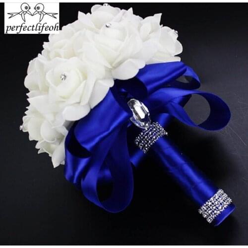 Perfectlifeoh Beautiful White Ivory Bridal Bridesmaid Flower Wedding Bouquet Artificial Flower Rose Bouquet Crystal Bridal Bouqu