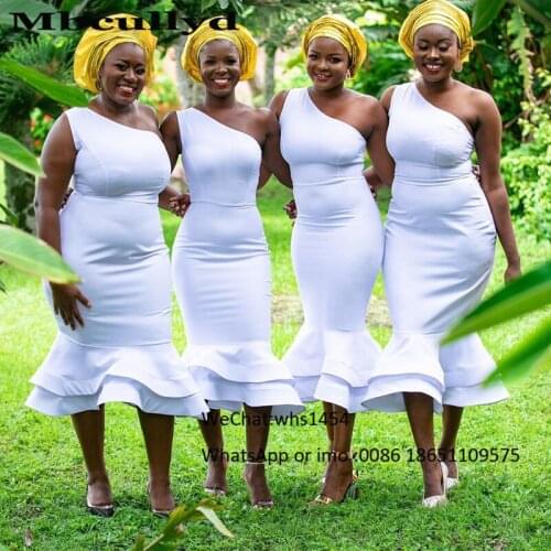 Mbcullyd Tea Length Short Bridesmaid Dresses 2020 Sexy One Shoulder African Women Wedding Party Dress Mermaid vestido madrinha