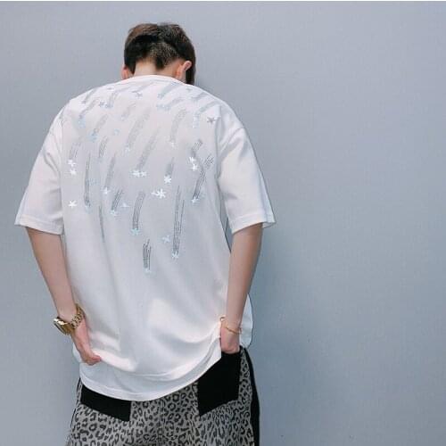 Summer Mens Short Sleeve Black White Cotton T-shirt Reflective Print Back C29