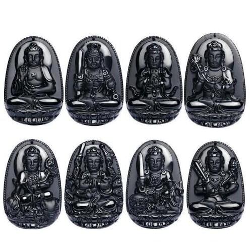 Natural Black Obsidian Lucky Amulet Pendant Necklace Carving Natal Buddha Eight Patron Saint Chinese Twelve Zodiac Jewelry