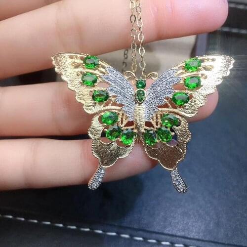 Natural green diopside brooch S925 silver Natural gemstone brooch Pendant trendy Butterfly flight women two wears gift jewelry
