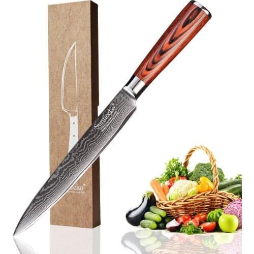 SUNNECKO 8 inch Slicing Knife Damascus Steel Japanese VG10 Sharp Blade Kitchen Knives Pakka Wood Handle Meat Cutter Chefs Knife