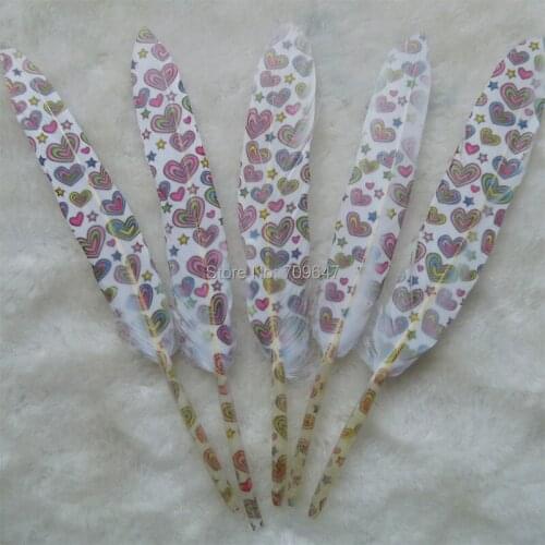 Duck Feather!50PCS/lot!White Goose feathers with Heart Printed Craft Loose Feathers Art Project Decorate Costume Pen,9-15cm
