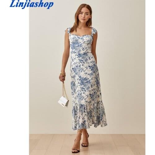Fashion Women French Vintage Flowers Print Slim Strap Dress 2021 Summer Sleeveless Female Lace-up Midi Dress