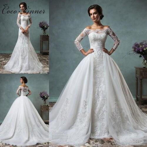 Vintage Mermaid Wedding Dress Detachable Train Long Sleeve Illusion Lace Embroidery Arabic Plus Size Wedding Gown W0219