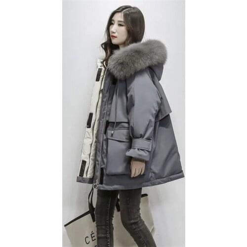 Pai Overcome Female Mid-length 2021 Women New Korean Style Down Padded Jacket Loose Thick Large Fur Collar Padded Coat Commute D