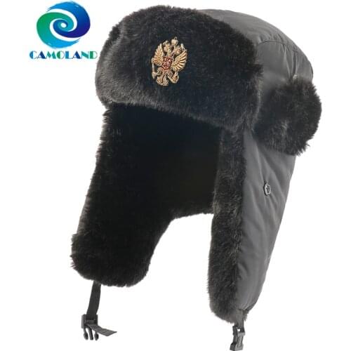 CAMOLAND Winter Thermal Faux Fur Bomber Hats Women Men Russia Ushanka Cap Soviet Badge Windproof Earflap Snow Skiing Caps