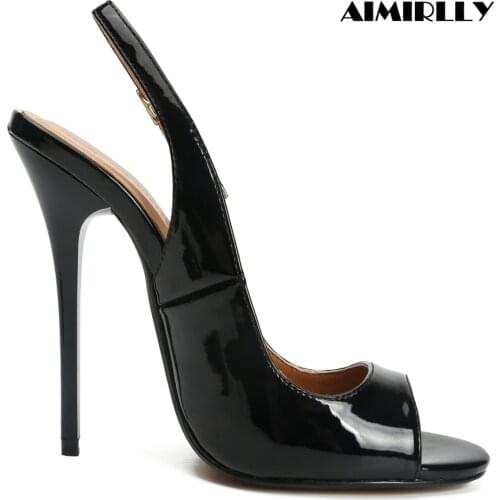 Womens Peep Toe High Heels Pumps Singback Ankle Strap Patent Leather Fashion Ladies Party Footwear Big Size US16 US17 Black Red