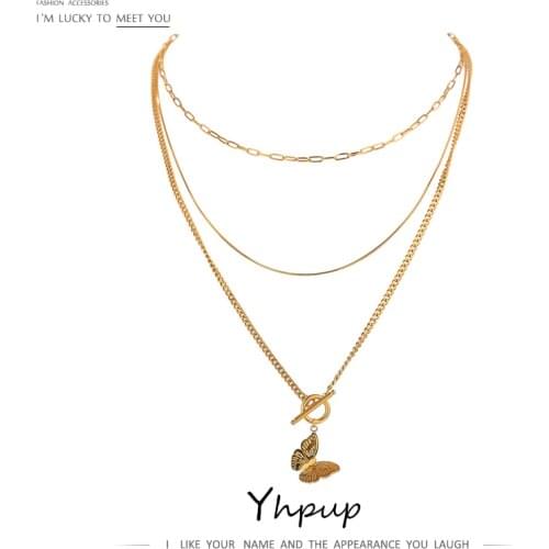 Yhpup Exquisite Butterfly Insect Layered Pendant Necklace Temperament Chain Stainless Steel 18 K Metal Fashion Women Necklace