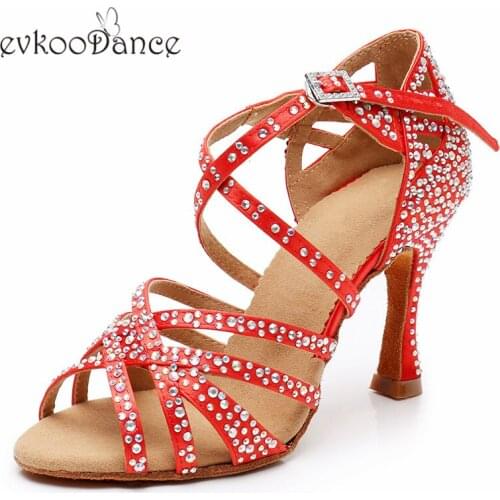 Evkoodance red/blue satin with rhinestone Size US 4-12 Zapatos De Bail dancing shoes Professional 9-9.5cm heel Women Evkoo-596