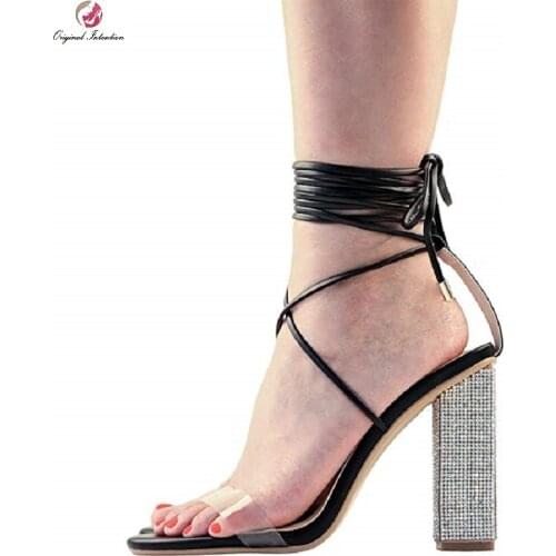 Women Sandals 2020 Gladiator Square Heel Ankle Strap High Heels Femmes Sandales Cross-tied Summer Shoes Female Plus Size 35-43