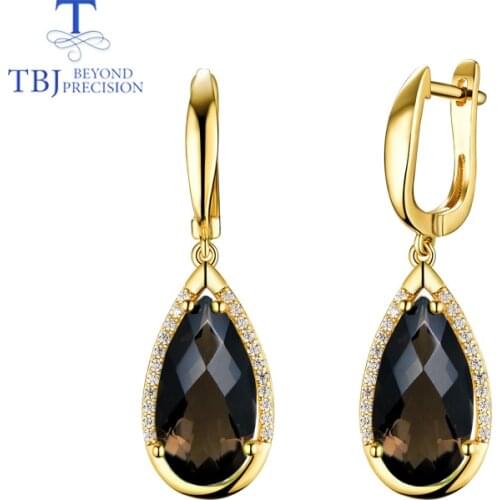 TBJ,smoky Earring natural pear 8*16mm gemstone checkerboard cut 925 Sterling Silver Fine Jewelry womens day present for mother