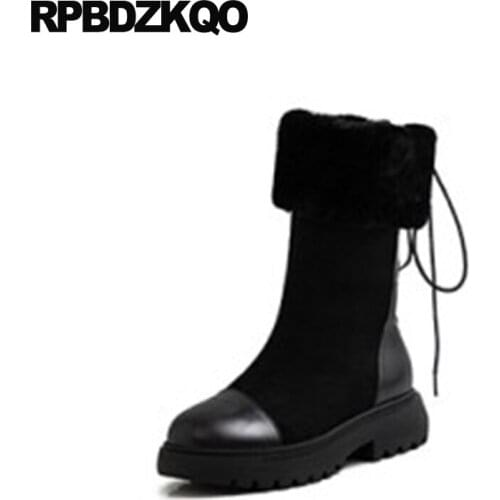 Women Boots Winter 2021 Warm Platform Round Toe Luxury Black Lace Up Suede Block Mid Calf Brown Designer Chunky Shoes Short Fur