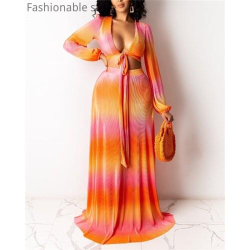 Women Colorblock Print V-Neck Tied Detail Long Sleeve Crop Top And Maxi Skirt 2 Piece Sets