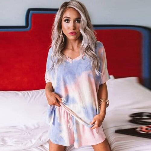 Women Pajamas Sets Summer Casual V-Neck Short Sleeve Pullover Top Drawstring Loose Shorts Gradient Sports Two-Piece Ladies Suits