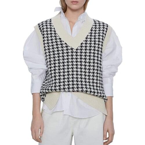 French Retro Houndstooth Knitted Sweater Vest Womens Autumn Winter 2021 Loose Fashion Sweaters Sleeveless V-neck Waistcoat