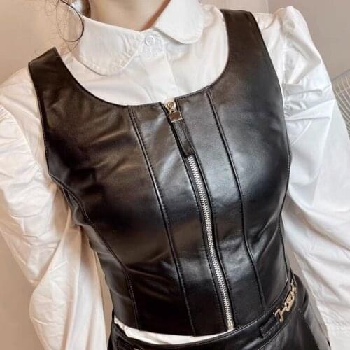 Womens Vest Winter Genuine Leather Waistcoat With Belt Female Korean Fashion Simple Big Pocket Round Neck Beige/Black Gilet