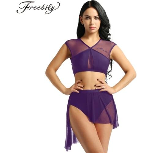 Women ballet Dress leotard Asymmetric Contemporary Lyrical Dance Dress Sleeveless Criss Cross Crop Tops + Short Skirt