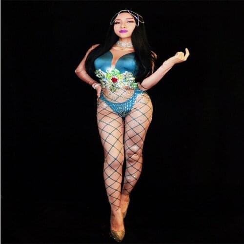 D54 Female crystal bodysuit bar singer stage wears jumpsuit printed outfits diamonds clothing dj dress models perform costumes
