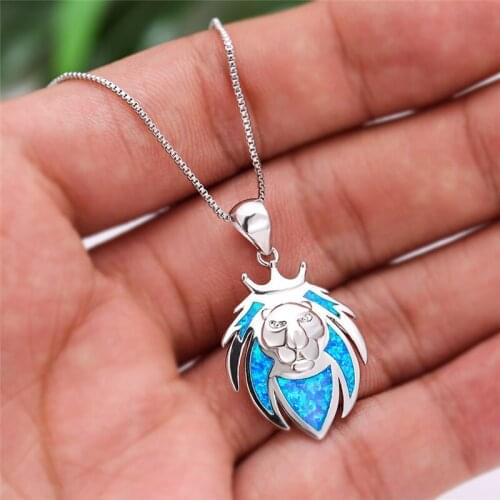 Female Cute Lion Head Pendant Necklace White Blue Opal Stone Wedding Necklace Boho Silver Color Chain Animal Necklaces For Women