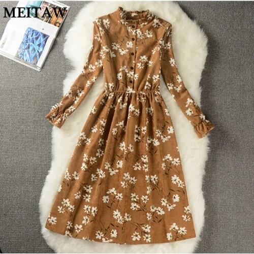 Winter Women Floral Print Women Party Dress 2020 Casual Stand Elastic Waist Midi Dresses Vintage Female Corduroy Dress Vestidos